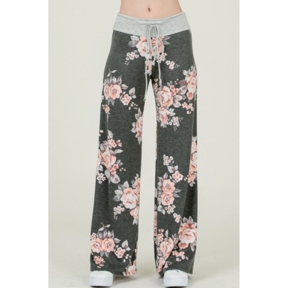 Pink and Grey Floral Sweatpants with Pockets